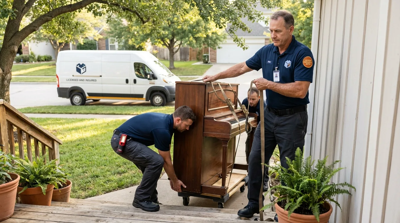 Licensed piano movers securing grand piano in Polo, IL