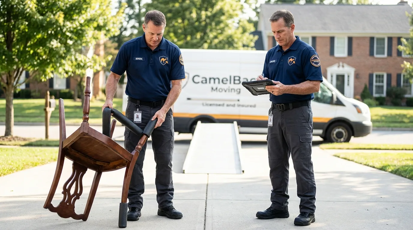 Movers inspecting furniture for damage prevention before loading in Polo, IL