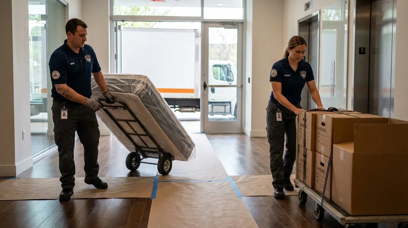 Professional apartment movers loading elevator in Polo, IL