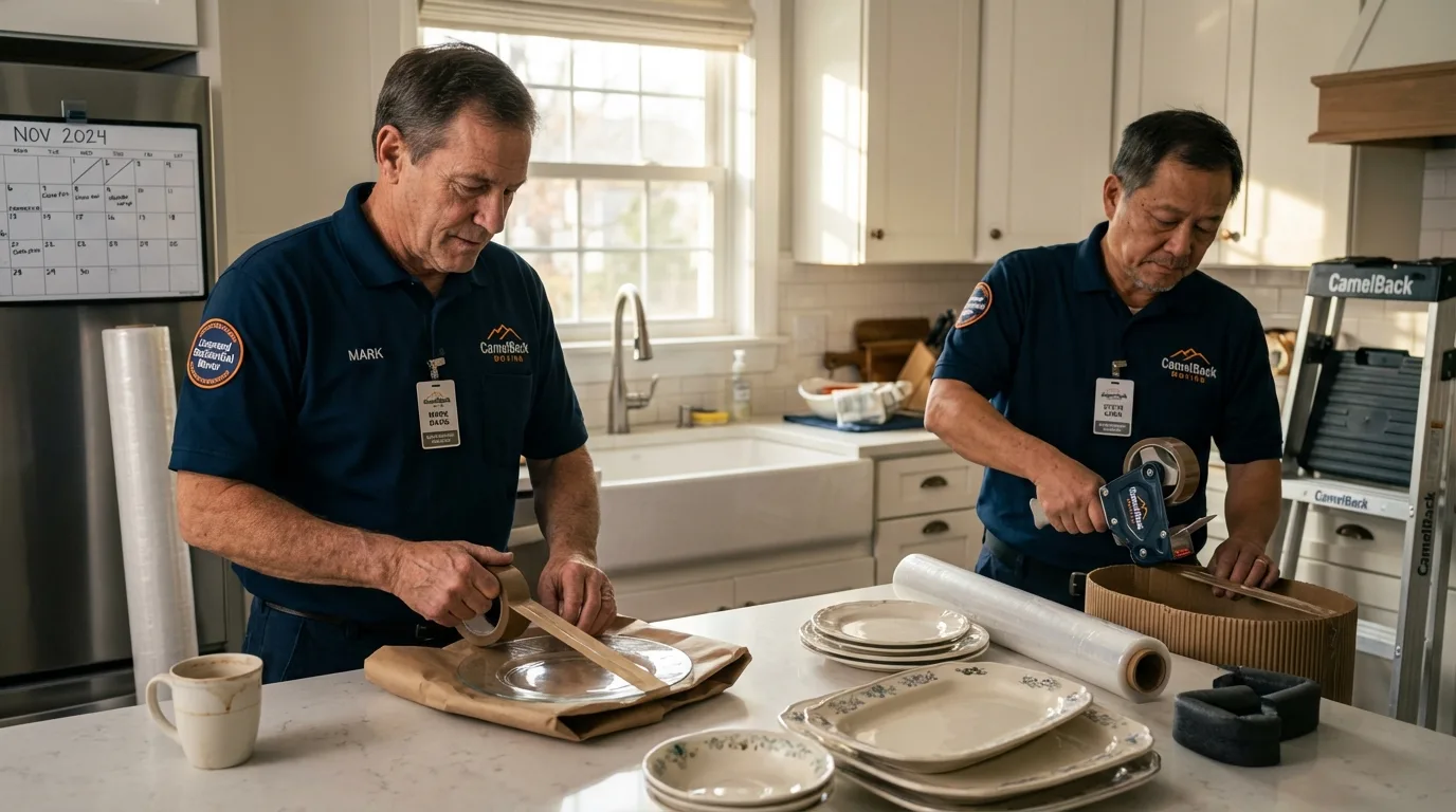 Professional crew packing kitchen dishware in Polo, IL